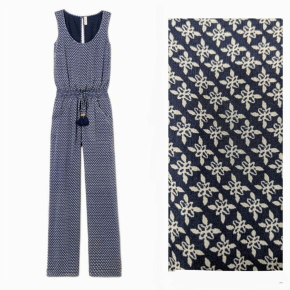 Tory Burch Pants - Tory Burch Silk Gauze Jumpsuit Scoop Neck Sleeveless Navy Geo Print Tassels M